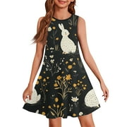 LTTVQM Easter Dresses for Kids Girls Size 4-5 Bunny Egg Print Cute Midi Dress Loose Fit Sleeveless Tank Dress Fashion Round Neck Sundress Black 4-5